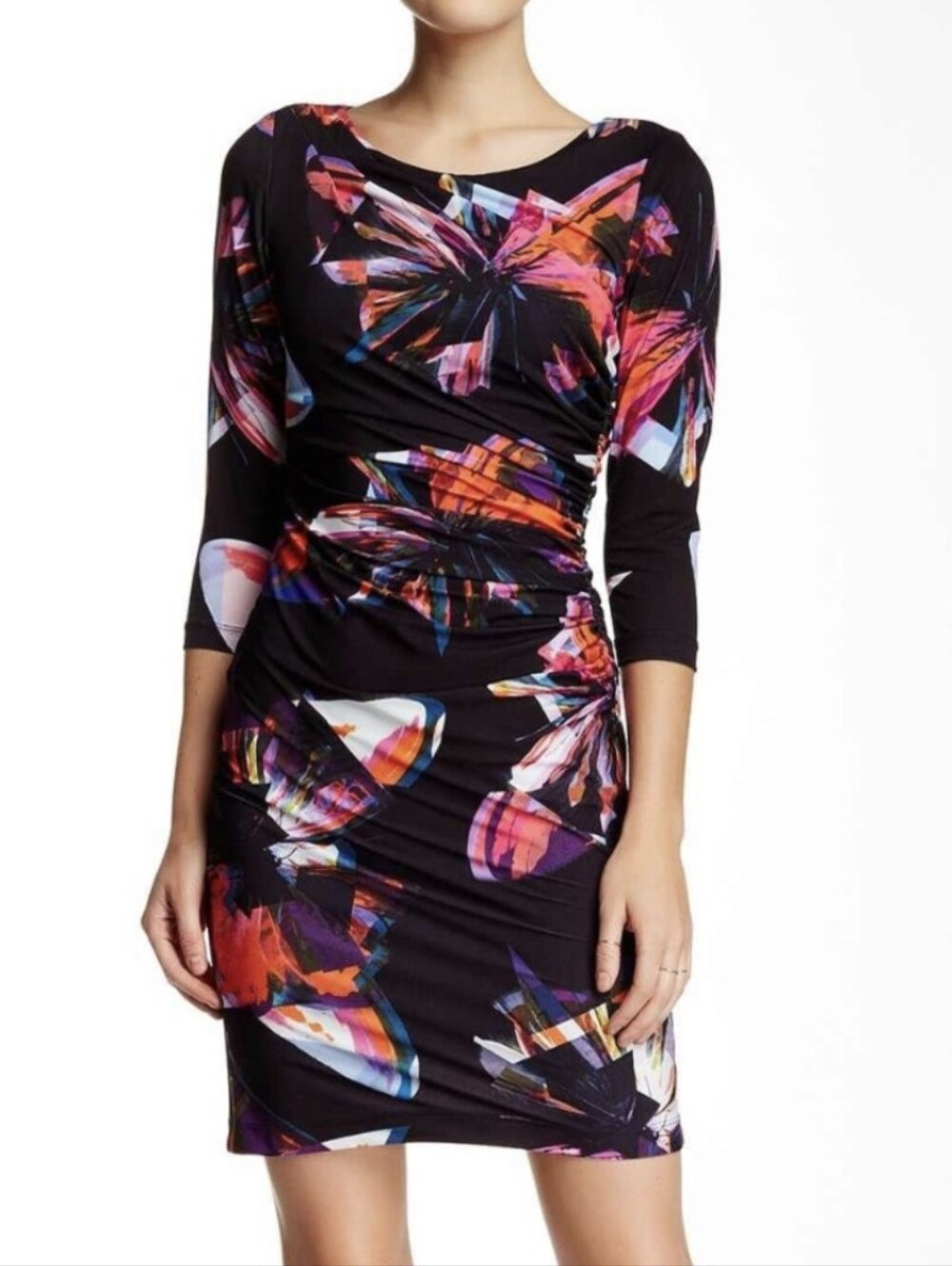Tahari | Black Floral-Print Ruched Long-Sleeve Sheath Dress